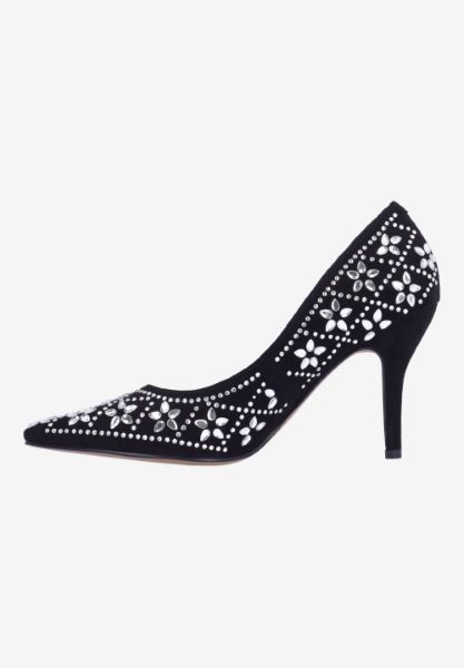 Left side view of Barlow BLACK SUEDE/RHINESTONES