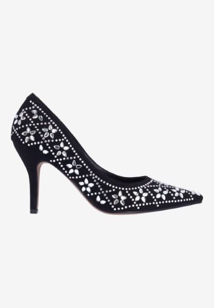 Right side view of Barlow BLACK SUEDE/RHINESTONES