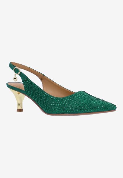 Front view of Ferryanne EMERALD GREEN SATIN/STONES