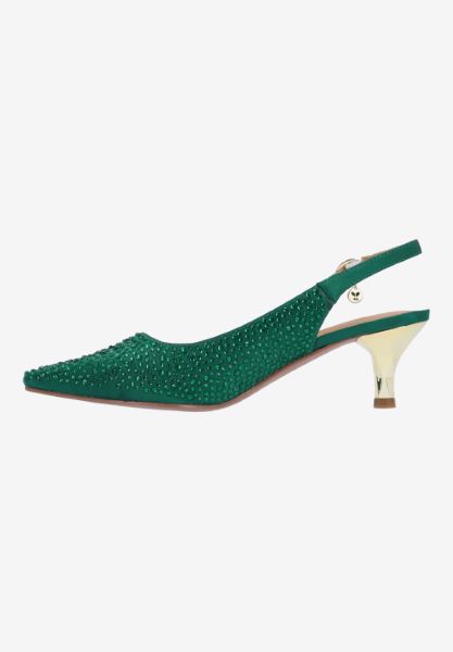 Left side view of Ferryanne EMERALD GREEN SATIN/STONES
