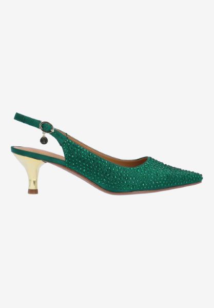 Right side view of Ferryanne EMERALD GREEN SATIN/STONES