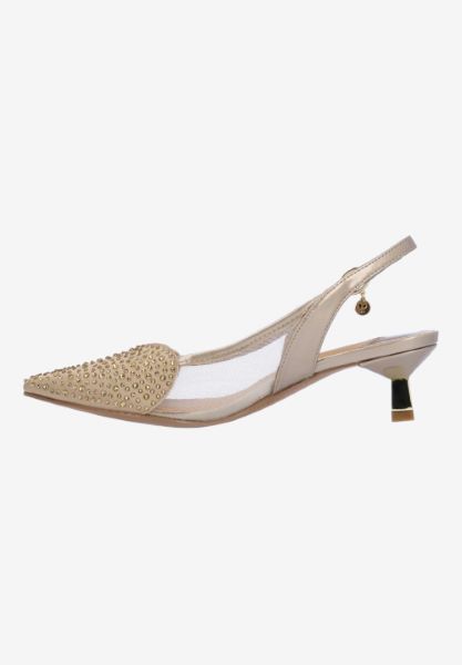 Left side view of Gwyn BEIGE PATENT/SATIN/MESH