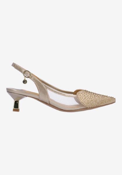 Right side view of Gwyn BEIGE PATENT/SATIN/MESH