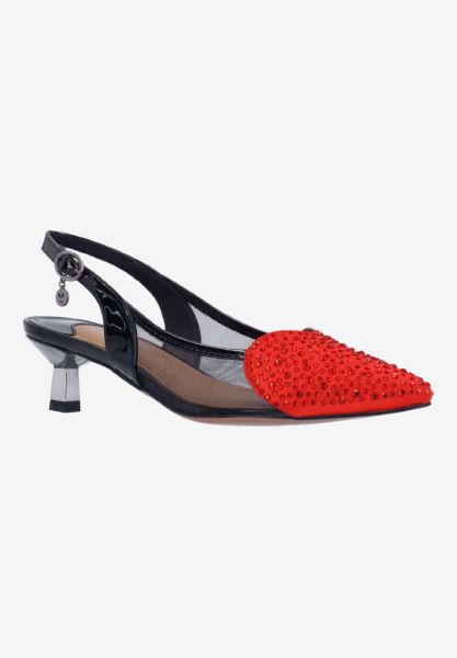 Front view of Gwyn BLACK/RED PATENT/SATIN/MESH