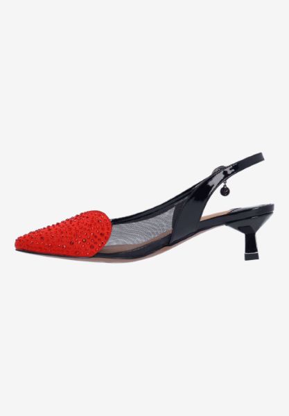 Left side view of Gwyn BLACK/RED PATENT/SATIN/MESH