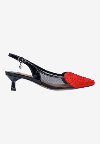 Right side view of Gwyn BLACK/RED PATENT/SATIN/MESH
