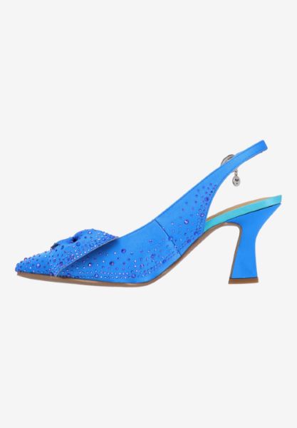 Left side view of Harlan BLUE SATIN/STONES