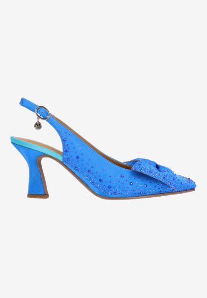Right side view of Harlan BLUE SATIN/STONES