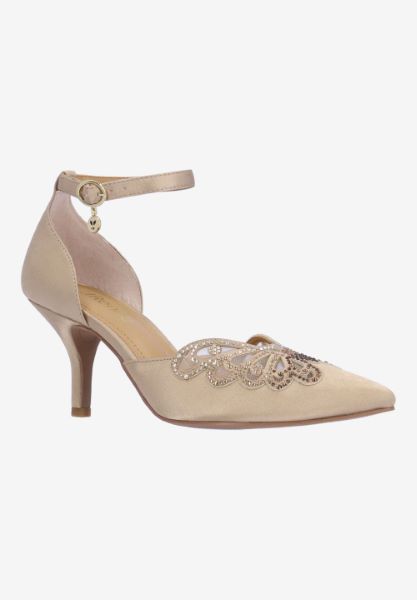 Front view of Isabetta BEIGE SATIN/RHINESTONES