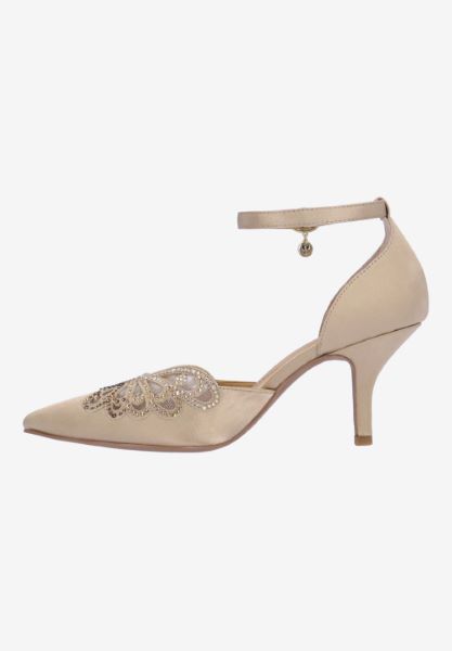 Left side view of Isabetta BEIGE SATIN/RHINESTONES