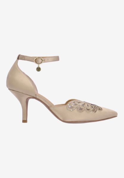 Right side view of Isabetta BEIGE SATIN/RHINESTONES