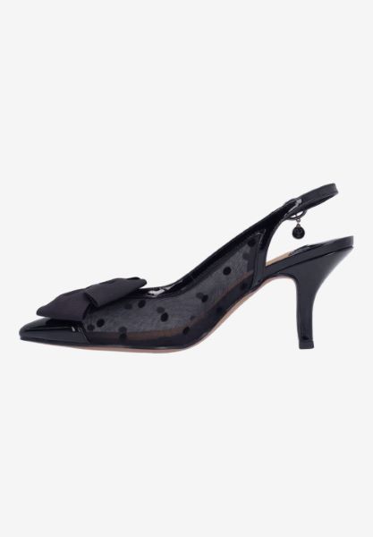 Left side view of Kadence BLACK PATENT/POLKA DOT MESH