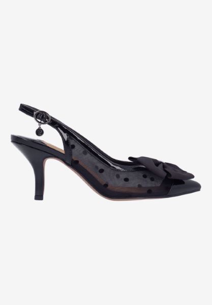 Right side view of Kadence BLACK PATENT/POLKA DOT MESH