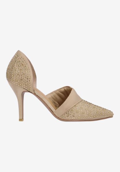 Right side view of Kaleena BEIGE SATIN/RHINESTONES