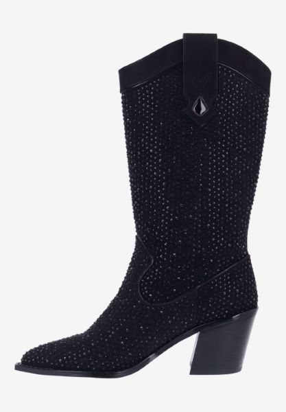 Left side view of Laylani BLACK SUEDE/RHINESTONES