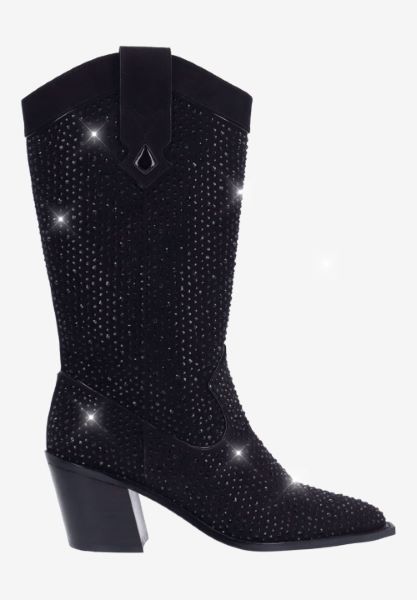 Right side view of Laylani BLACK SUEDE/RHINESTONES