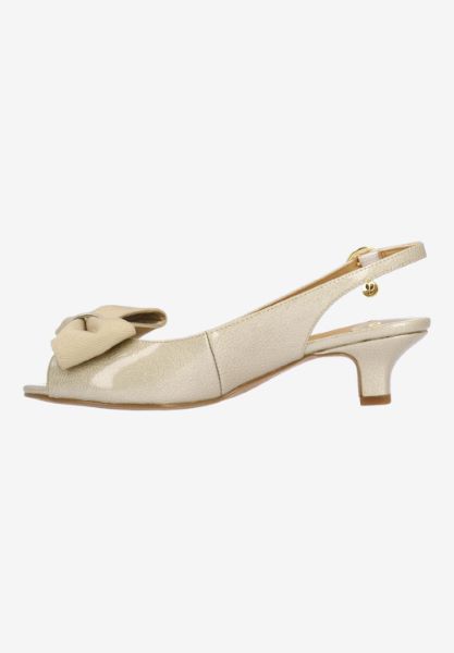 Left side view of Lirain TAUPE PATENT/GROSGRAIN