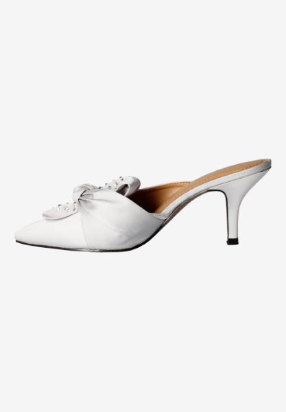 Left side view of Mianna STEEL GRAY SATIN