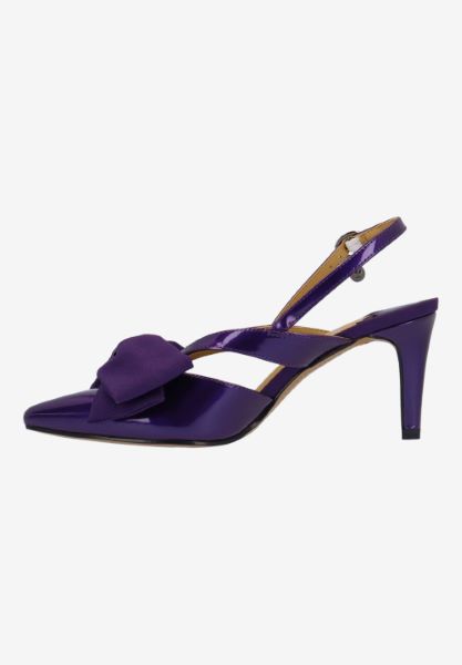 Left side view of Morigen PURPLE PATENT/GROSGRAIN