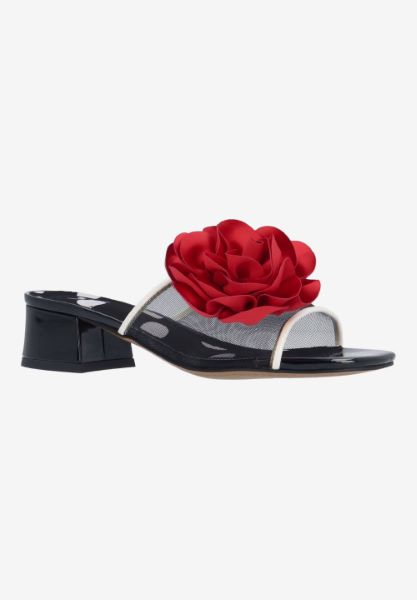 Front view of Myla BLACK/WHITE/RED MESH/SATIN