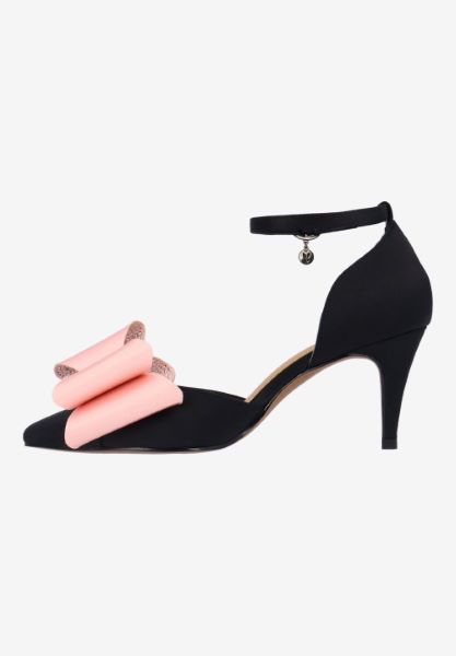 Left side view of Pammie BLACK/PINK SATIN/STONES