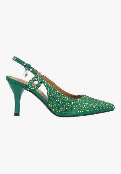 Right side view of Viviene EMERALD GREEN OMBRE SATIN/STON