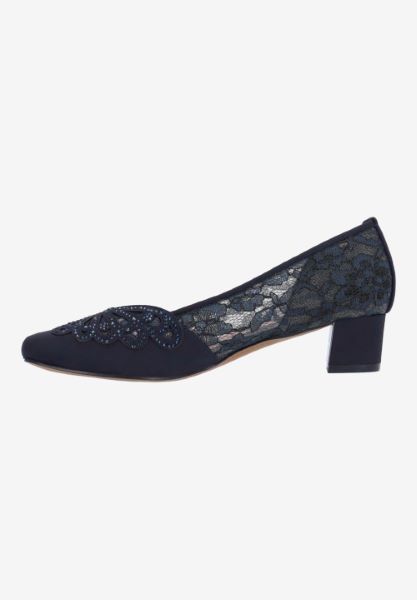 Left side view of Zofia NAVY SATIN/MESH/STONES