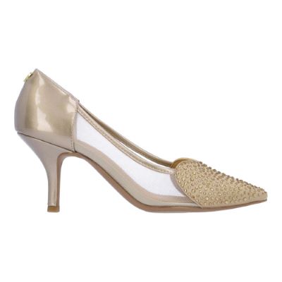 Right side view of Coopid BEIGE PATENT/SATIN/MESH