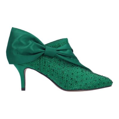 Right side view of Elettra EMERALD GREEN SATIN/RHINESTONE