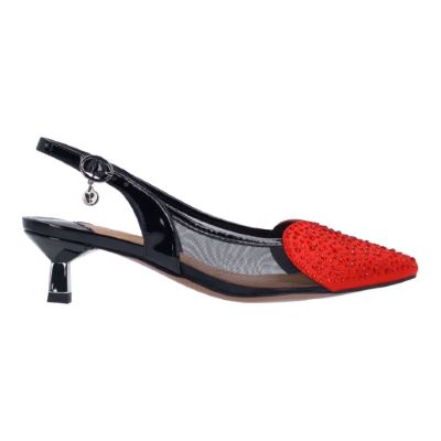 Right side view of Gwyn BLACK/RED PATENT/SATIN/MESH