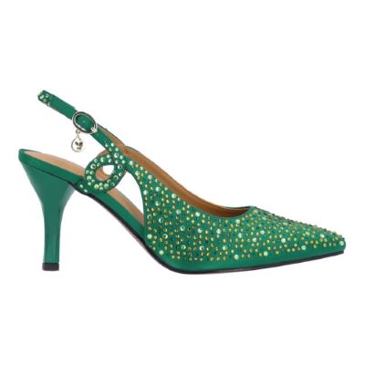 Right side view of Viviene EMERALD GREEN OMBRE SATIN/STON